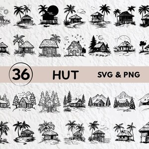 May include: A set of 36 black and white hut illustrations in SVG and PNG formats. The images depict various huts, such as beach huts with palm trees, mountain cabins, and rustic cottages, all with detailed designs.