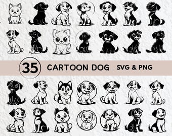 May include: A set of 35 black and white cartoon dog illustrations in various poses. The illustrations are perfect for use in crafting projects, digital design, or as clipart.