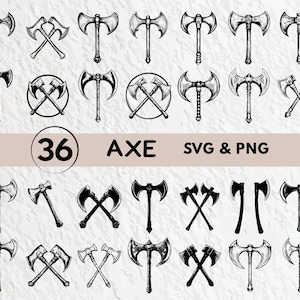 May include: A set of 36 black and white axe SVG and PNG files. The axes are drawn in a variety of styles, including traditional, modern, and stylized.