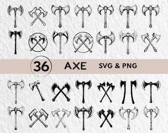 Op de afbeelding: Een set van 36 zwart-witte bijl SVG- en PNG-bestanden. De bijlen zijn getekend in verschillende stijlen, waaronder traditioneel, modern en gestileerd.