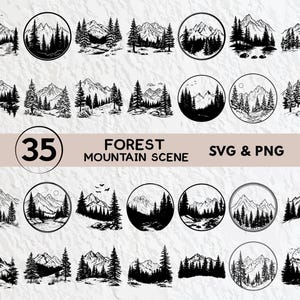 May include: A set of 35 black and white SVG and PNG digital files featuring forest mountain scenes. The images depict various mountain ranges with trees, rivers, and other natural elements.