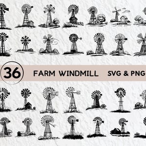 May include: A set of 36 black and white SVG and PNG digital files featuring farm windmills. The windmills are in various styles and sizes, with some featuring additional details like a small building or a fence.