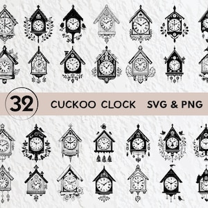 Puede incluir: Un conjunto de 32 archivos digitales SVG y PNG de reloj de cuco en blanco y negro. Los relojes son de varios estilos, incluyendo tradicional, moderno y caprichoso. Cada reloj presenta un diseño único, como pájaros, flores y patrones geométricos.