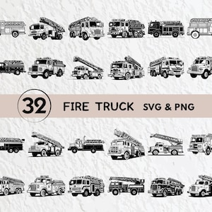 May include: A set of 32 black and white fire truck SVG and PNG digital files. The fire trucks are illustrated in a variety of poses, including driving, parked, and with ladders extended.