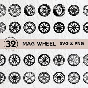 May include: A set of 32 black and white mag wheel SVG and PNG files. The wheels are all different designs, but they all have a similar style. They would be great for use in a variety of projects, such as car design, automotive graphics, or even just for fun.