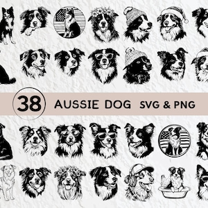 May include: A set of 38 black and white vector illustrations of Australian Shepherd dogs in various poses. The illustrations include dogs wearing hats, sunglasses, and other accessories. The text "Aussie Dog SVG & PNG" is at the top of the image.