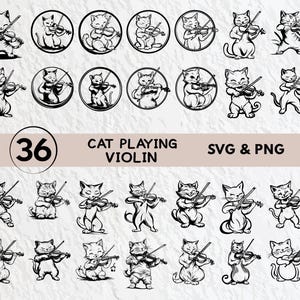 Cat Playing Violin Svg Bundle, Cat Playing Violin Silhouette, Funny Cat Clipart Png, Cat Playing Violin Vector Logo Icon Decal Cricut Files