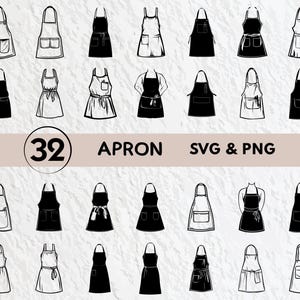 May include: A set of 32 black and white apron SVG and PNG digital files. The aprons are in various styles, including bib aprons, half aprons, and cross-back aprons.