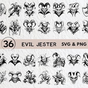 May include: A collection of 36 black and white Evil Jester SVG & PNG designs. The images feature various depictions of jesters with sinister expressions, some with chains, horns, or skull-like faces. The designs are suitable for digital art projects.