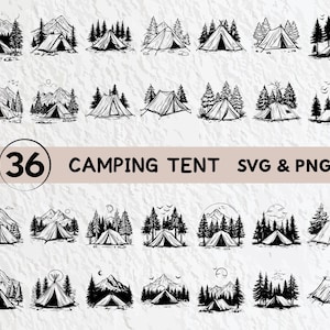 May include: Black and white illustrations of camping tents, mountains, and trees. The image includes 36 camping tent designs in SVG and PNG formats. The text "36 CAMPING TENT SVG & PNG" is displayed in the center of the image.
