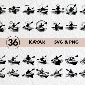 May include: A set of 36 black and white SVG and PNG digital files featuring illustrations of people kayaking. The illustrations are in various poses and angles, with some showing the kayakers paddling and others showing them relaxing in their kayaks.