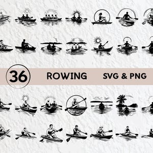 Könnte beinhalten: Ein Set mit 36 Schwarzweiß-SVG- und PNG-Digitaldateien mit Ruder-Illustrationen. Die Illustrationen zeigen verschiedene Ruderszenen, darunter Einer und Zweier, Vierer mit Steuermann und Rudern in verschiedenen Umgebungen, wie einem See, Fluss und Meer.