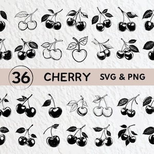 May include: A set of 36 black and white cherry illustrations. The cherries are drawn in a simple, hand-drawn style and are perfect for use in crafting projects, scrapbooking, or digital design.