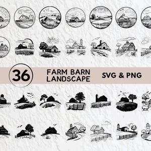 May include: A set of 36 black and white SVG and PNG digital illustrations of farm barn landscapes. The illustrations feature various barns, trees, and other farm elements.