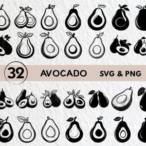 May include: A set of 32 black and white avocado illustrations in SVG and PNG format. The illustrations feature whole avocados, avocado halves, and avocado slices.