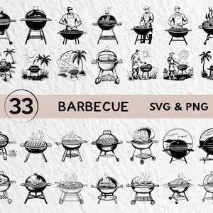 Könnte beinhalten: Ein Set mit 33 Schwarzweißillustrationen von Grillgeräten und Personen, die grillen. Die Illustrationen sind im Vintage-Stil gehalten und zeigen verschiedene Grillarten, Lebensmittel und Personen.