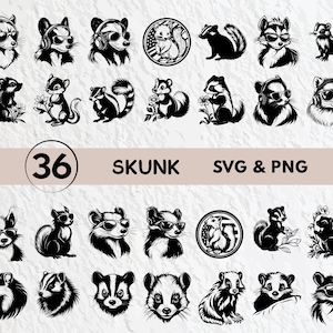 Peut inclure: Une collection de 36 illustrations de moufettes en noir et blanc dans diverses poses, certaines portant des lunettes de soleil ou des écouteurs. L'image comprend le texte "36 SKUNK SVG & PNG".