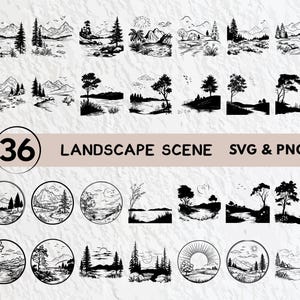 以下が含まれることがあります： 36枚の白黒の風景イラストのセット。イラストには、山、木、川、その他の自然の要素が描かれています。イラストは、ウェブサイトのデザイン、ソーシャルメディアのグラフィック、印刷プロジェクトなど、デジタルプロジェクトでの使用に最適です。