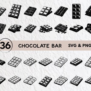 May include: A collection of 36 chocolate bar illustrations in black and white. The image includes various designs of chocolate bars, some broken or in pieces. Text reads "36 CHOCOLATE BAR SVG & PNG".