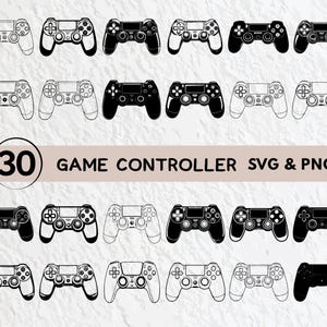 May include: A set of 30 black and white game controller SVG and PNG files. The controllers are in various positions and angles, with some facing the viewer and others facing away.
