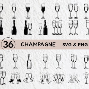 May include: Black and white line art illustrations of champagne glasses and bottles. The image includes various arrangements of glasses, bottles, and celebratory toasts. Text reads "36 CHAMPAGNE SVG & PNG".