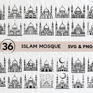 Puede incluir: Un conjunto de 36 ilustraciones en blanco y negro de mezquitas. Las ilustraciones son de varios estilos, algunas con cúpulas, otras con minaretes y algunas con ambas. Las ilustraciones son perfectas para usar en una variedad de proyectos, como scrapbooking, creación de tarjetas y diseño digital.