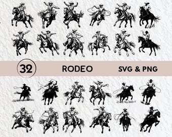 May include: A set of 32 black and white SVG and PNG digital files featuring cowboys riding horses. The cowboys are in various poses, some are roping, some are holding reins, and some are just riding. The horses are also in various poses, some are running, some are standing, and some are jumping. The files are perfect for use in crafting projects, scrapbooking, and other creative endeavors.