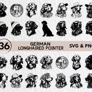 以下が含まれることがあります： さまざまなポーズをとったドイツ長毛ポインターのイラストが描かれた、白黒のSVGとPNGのデジタルダウンロード36点セット。クラフトプロジェクト、スクラップブッキングなどに最適です。