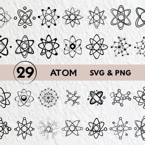 May include: A set of 29 black and white atom SVG and PNG files. The atom designs are simple and modern, perfect for use in science, education, or design projects.