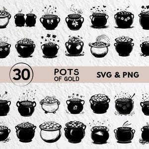 以下が含まれることがあります： 金の壺のイラストが描かれた、白黒のSVGとPNGのデジタルファイル30個セット。画像の上部に「30 Pots of Gold」と「SVG & PNG」のテキストがあります。