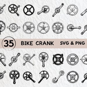 以下が含まれることがあります： 白黒の自転車クランクのSVGとPNGファイル35個のセット。画像は、シングル、ダブル、トリプルなど、さまざまな自転車クランクのデザインです。