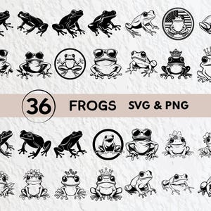 May include: A set of 36 black and white frog illustrations in various poses, including some wearing crowns. The illustrations are in SVG and PNG format. The text "36 Frogs SVG & PNG" is at the top of the image.