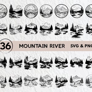 May include: A set of 36 black and white mountain river SVG and PNG digital files. The images feature mountains, rivers, trees, and other natural elements.