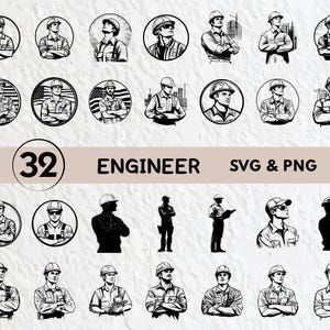 Może przedstawiać: Zestaw 32 czarno-białych plików cyfrowych SVG i PNG z ilustracjami inżynierów. Ilustracje przedstawiają inżynierów w różnych pozach, w tym stojących, siedzących i pracujących nad projektami. Tekst "32 ENGINEER SVG & PNG" jest wyświetlany u góry obrazu.