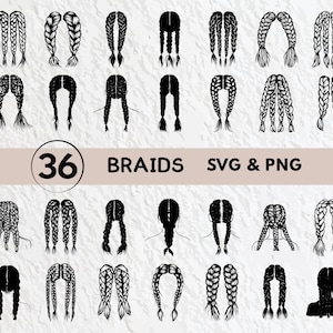 Puede incluir: Un conjunto de 36 archivos SVG y PNG en blanco y negro que presentan diferentes peinados de trenzas. Las trenzas son de varios estilos, incluyendo trenzas francesas, trenzas holandesas y trenzas de cola de pez.