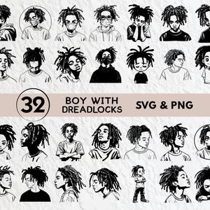 以下が含まれることがあります： ドレッドヘアの男の子のイラストが描かれた、白黒のSVGとPNGのデジタルファイル32個セット。イラストは様々なポーズと表情で描かれています。