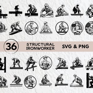 Puede incluir: Un conjunto de 36 archivos digitales SVG y PNG en blanco y negro que presentan ilustraciones de trabajadores de hierro estructural en varias poses. Las ilustraciones representan a trabajadores de hierro estructural trabajando en vigas, soldando y utilizando herramientas. El texto "36 STRUCTURAL IRONWORKER SVG & PNG" se muestra en la parte superior de la imagen.