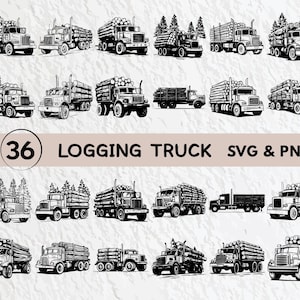 May include: A set of 36 black and white vector illustrations of logging trucks hauling logs. The trucks are depicted in various poses, some with their beds full of logs, others with their beds empty. The illustrations are perfect for use in a variety of projects, such as website design, print media, and social media.