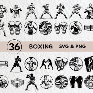 Könnte beinhalten: Ein Set mit 36 schwarzen und weißen Boxing-SVG- und PNG-Digitaldateien. Die Bilder beinhalten Boxer, Boxhandschuhe und einen Boxring.