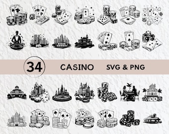 May include: A set of 34 black and white casino themed SVG and PNG digital files. The images include playing cards, poker chips, dice, buildings, and other casino related imagery.