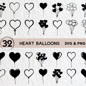 Puede incluir: Un conjunto de 32 archivos SVG y PNG de globos en forma de corazón en blanco y negro. Las imágenes son perfectas para manualidades, scrapbooking y otros proyectos creativos.
