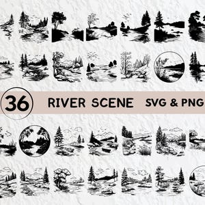 May include: A set of 36 black and white river scene SVG and PNG digital files. The images feature various river scenes with trees, mountains, and water.