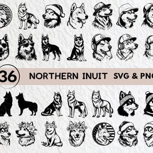 Op de afbeelding: Een set van 36 zwart-witte SVG- en PNG-bestanden met illustraties van Noordse Inuit-honden in verschillende poses. De afbeeldingen bevatten honden met hoeden, koptelefoons en andere accessoires.
