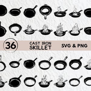 Può includere: Illustrazione in bianco e nero di 36 padelle in ghisa di varie dimensioni e stili. Alcune padelle hanno fiamme. È incluso anche il testo "36 CAST IRON SKILLET SVG & PNG".