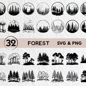 Pode incluir: Um conjunto de 32 arquivos digitais SVG e PNG de silhuetas de floresta em preto e branco. As imagens apresentam diversas cenas de floresta com árvores, arbustos e outras folhagens.