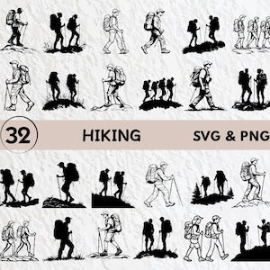 May include: A set of 32 black and white SVG and PNG digital files featuring hikers with backpacks. The hikers are in various poses, some carrying hiking poles. The text "32 Hiking SVG & PNG" is at the top of the image.