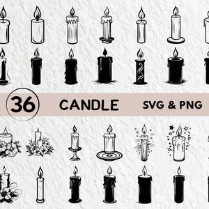 May include: A collection of 36 candle illustrations in black and white. The candles vary in shape and style, some with floral accents, others with star designs. Text reads "CANDLE SVG & PNG".