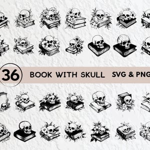 May include: A set of 36 black and white SVG and PNG digital files featuring a book with a skull design. The files are perfect for crafting, scrapbooking, and other creative projects.