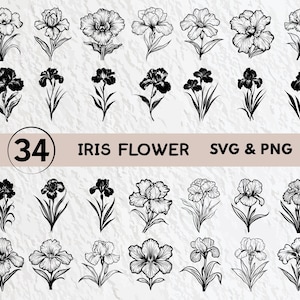 May include: A set of 34 black and white vector illustrations of iris flowers. The illustrations are in a simple, line art style and are perfect for use in digital or print projects.