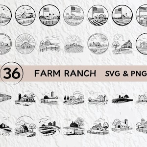 May include: A set of 36 black and white SVG and PNG digital files featuring farm and ranch scenes. The images include barns, farmhouses, silos, fences, trees, and other farm-related elements.